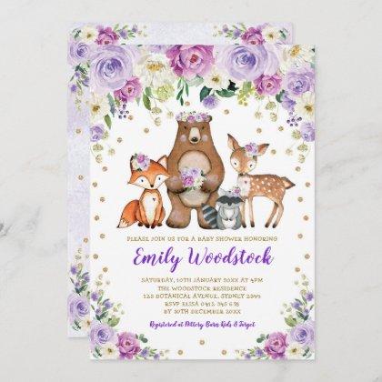 Lavender Gold Floral Woodland Animals Baby Shower Invitation