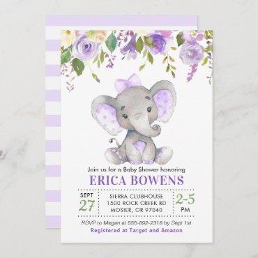 Lavender Lilac Purple Girl Elephant Baby Shower Invitation