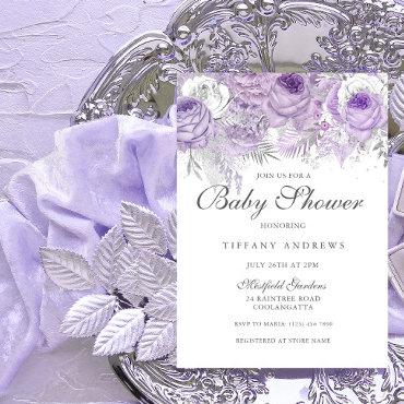 Lavender Purple Silver Floral Baby Shower Invite