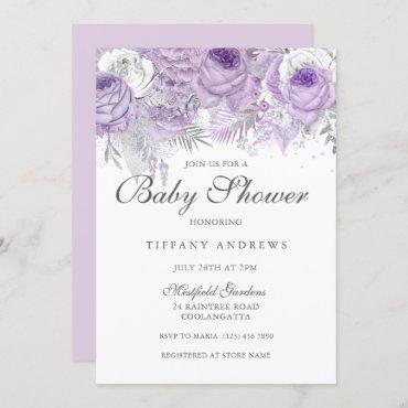 Lavender Purple Silver Floral Baby Shower Invite