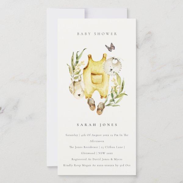 Leafy Foliage Yellow Clothes Baby Shower Invite