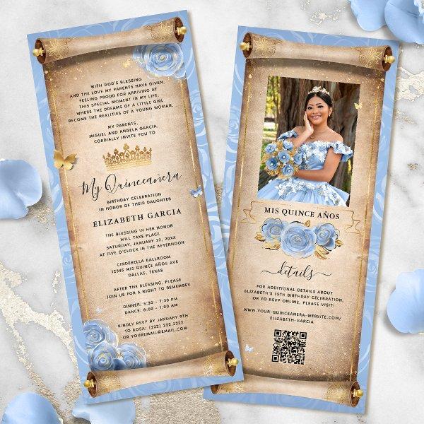 Light Baby Blue Gold Quince Scroll  Card