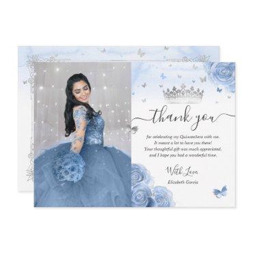Light Baby Blue Silver Quinceañera Photo Birthday Thank You Card