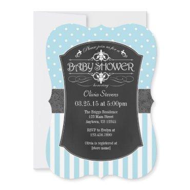 Light Blue Chalkboard Stripes Baby Shower Invite