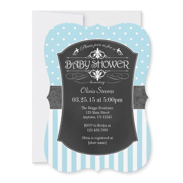 Light Blue Chalkboard Stripes Baby Shower Invite