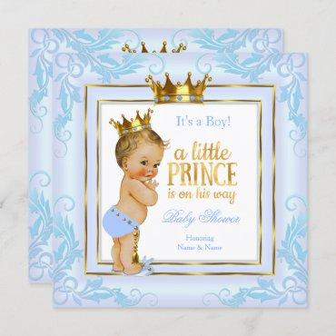 Light Blue Gold Crown Prince Baby Shower Blonde Invitation