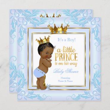 Light Blue Gold Crown Prince Baby Shower Ethnic Invitation