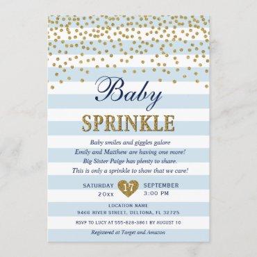 Light Blue Gold Stripe Confetti Baby Boy Sprinkle Invitation