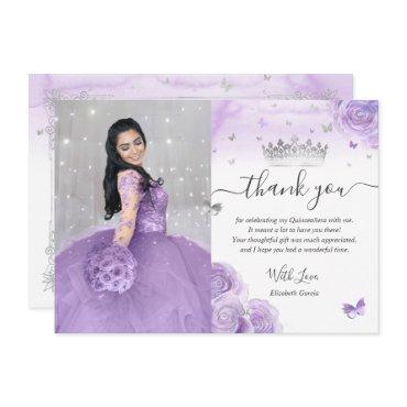 Light Purple and Silver Quinceañera Photo Birthday Thank You Card