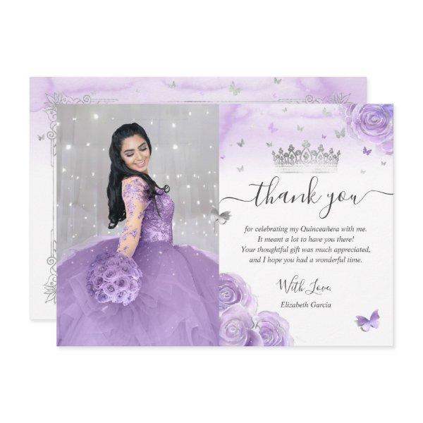 Light Purple and Silver Quinceañera Photo Birthday Thank You Card