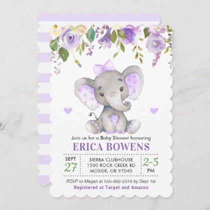 Light Purple Watercolor Girl Elephant Baby Shower Invitation
