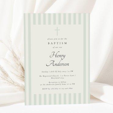 Light Sage Green Stripe Elegant Baptism Boy Invite
