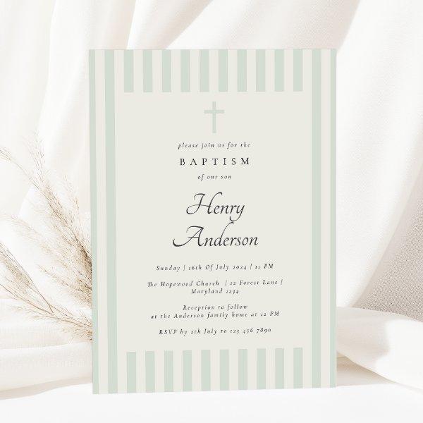 Light Sage Green Stripe Elegant Baptism Boy Invite