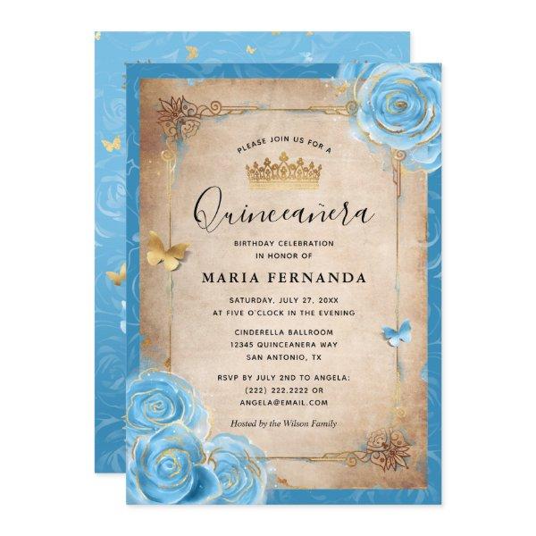 Light Sky Blue and Gold Rose Elegant Quinceanera