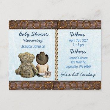 Lil Cowboy Baby Boy and Teddy Bear Baby Shower Inv  Postcard