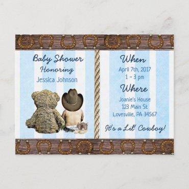 Lil Cowboy Baby Boy and Teddy Bear Baby Shower Inv Invitation Postcard