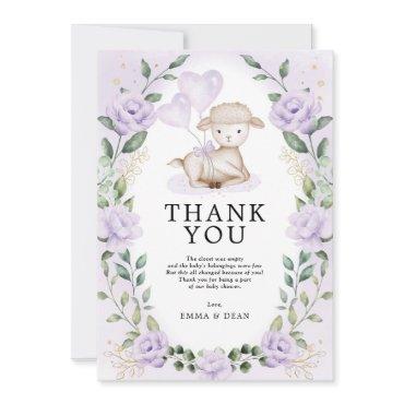 Lilac Purple Floral Little Lamb Baby Sheep Shower Thank You Card