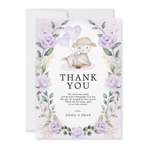 Lilac Purple Floral Little Lamb Baby Sheep Shower Thank You Card