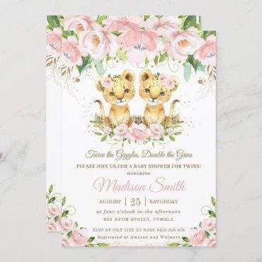 Lion Cubs Blush Pink Floral Twins Baby Shower  Invitation
