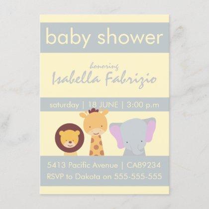 Lion Giraffe Elephant Yellow & Grey Baby Shower Invitation