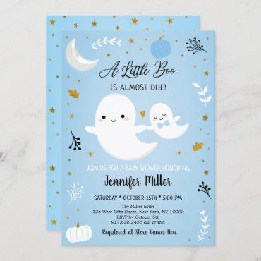 Little Boo Blue Gold Ghost Pumpkin Baby Shower Invitation