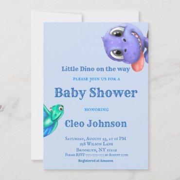 Little Dino on The Way Blue Boy Baby Shower Invita