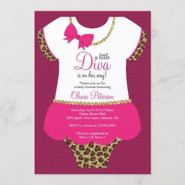 Little Diva Baby Shower Invite, Cheetah, Faux Gold Invitation