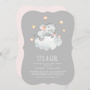 Little Elephant It's A Girl | Gray Baby Shower Invitation