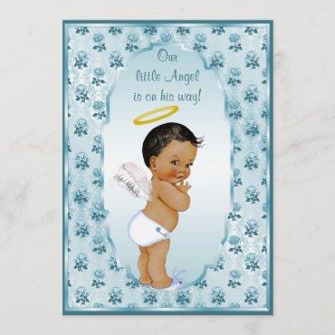 Little Ethnic Boy Angel Blue Roses Baby Shower Invitation