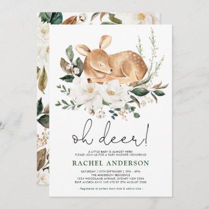 Little Fawn | Forest Deer White Floral Baby Shower Invitation