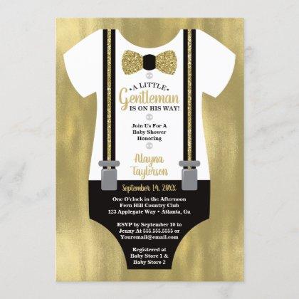 Little Gentleman Baby Shower Invitation, Faux Gold Invitation