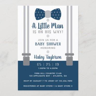 Little Man Baby Shower Invitation, Navy Blue, Gray Invitation