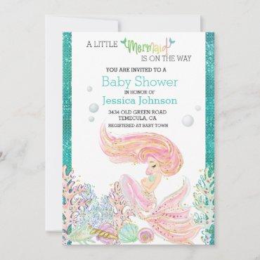  Little Mermaid Watercolor Baby Shower Glitter Invitation
