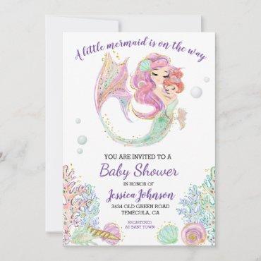  Little Mermaid Watercolor Baby Shower  Invitation