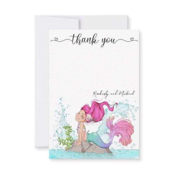 Little Mermaid Watercolor Birthday Baby Shower Thank You Card