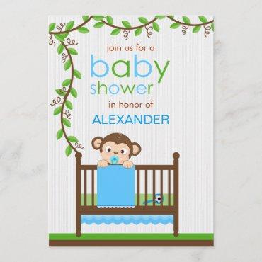 Little Monkey in a Crib Boy Baby Shower Invitation