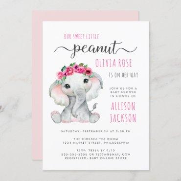 Little Peanut Elephant Watercolor Baby Girl Shower Invitation