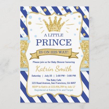 Little Prince Baby Shower Invite Royal blue Gold