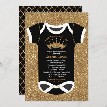 Little Prince Black & Royal Gold Baby Shower Invitation