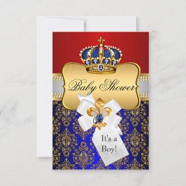 Little Prince Blue Red Crown Baby Shower Invite
