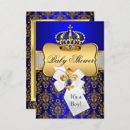 Little Prince Gold Blue Crown Baby Shower Invite