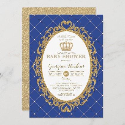 Little Prince Royal Blue Gold Baby Shower Invite