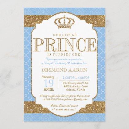 Little Prince Royal Light Blue Gold Birthday Invitation