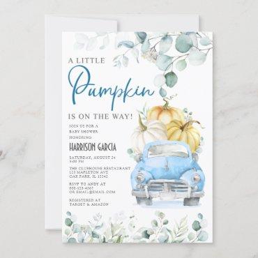 Little Pumpkin Blue Truck Baby Shower Invitation