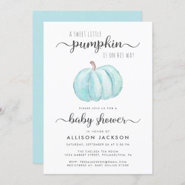 Little Pumpkin Blue Watercolor Baby Boy Shower Invitation