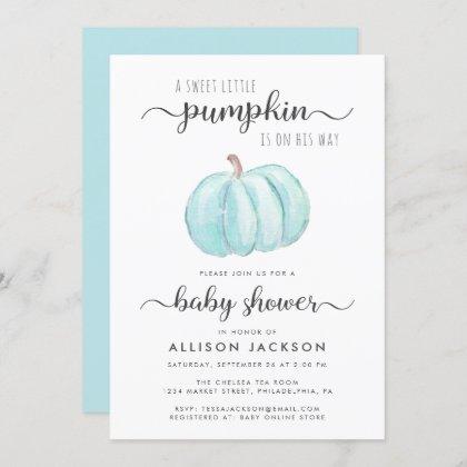 Little Pumpkin Blue Watercolor Baby Boy Shower Invitation