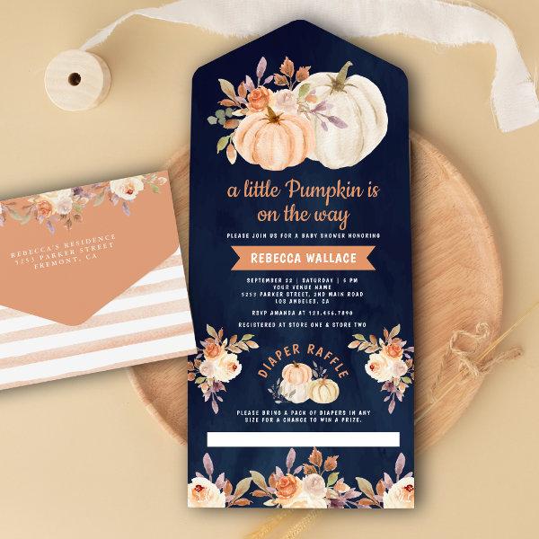 Little Pumpkin Earthy Floral Navy Blue Baby Shower All In One