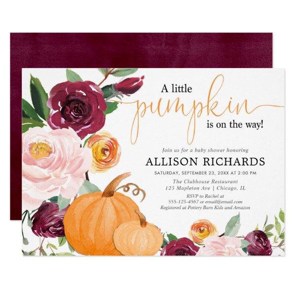 Little pumpkin fall floral girl baby shower invitation