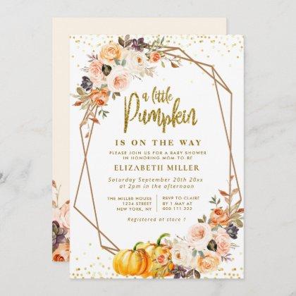 little pumpkin gold blush floral baby shower invitation