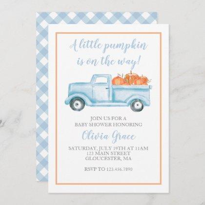 Little Pumpkin Pastel Blue Fall Baby Shower Invitation